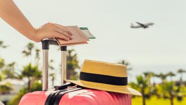 Woman with pink suitcase and passport with boarding pass standing on passengers ladder of airplane opposite sea with palm trees.