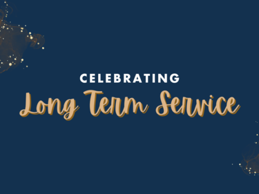 Navy Blue background, gold/bronze accents in the corner, text that reads "Celebrating Long Term Service"