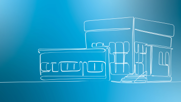 Multi coloured background with line art of a building